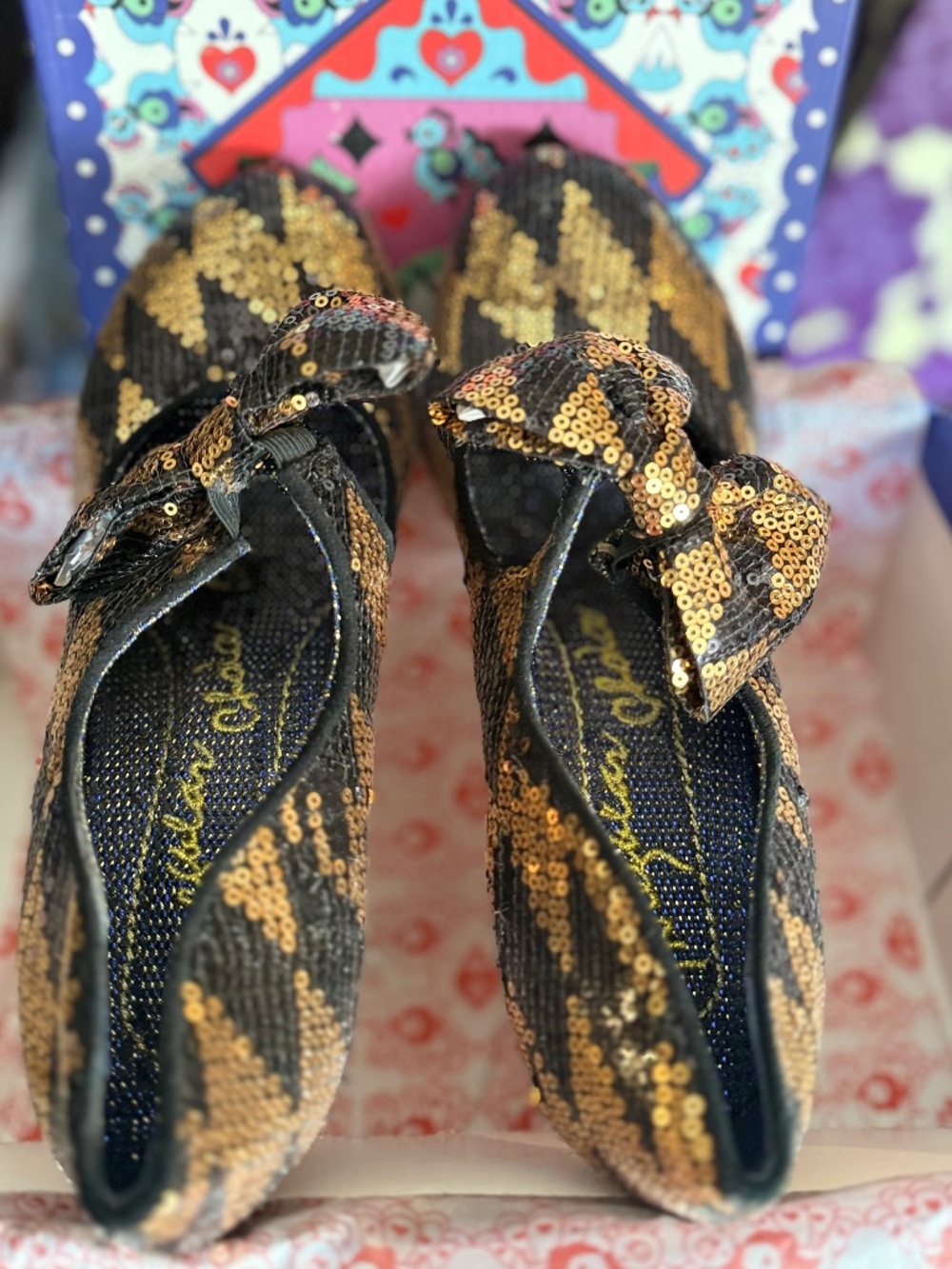 Irregular Choice Windsor Glitter Bow Black and Gold Heels